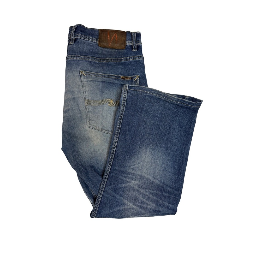 Nudie Jeans Co Roger Magic Looms Mens Blue Straight Leg Denim Jeans 34x27 hemmed